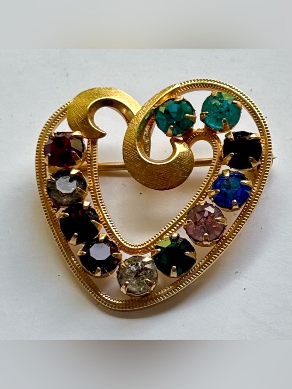 Vintage 14K G.F. Multi-Color Rhinestone Heart Brooch